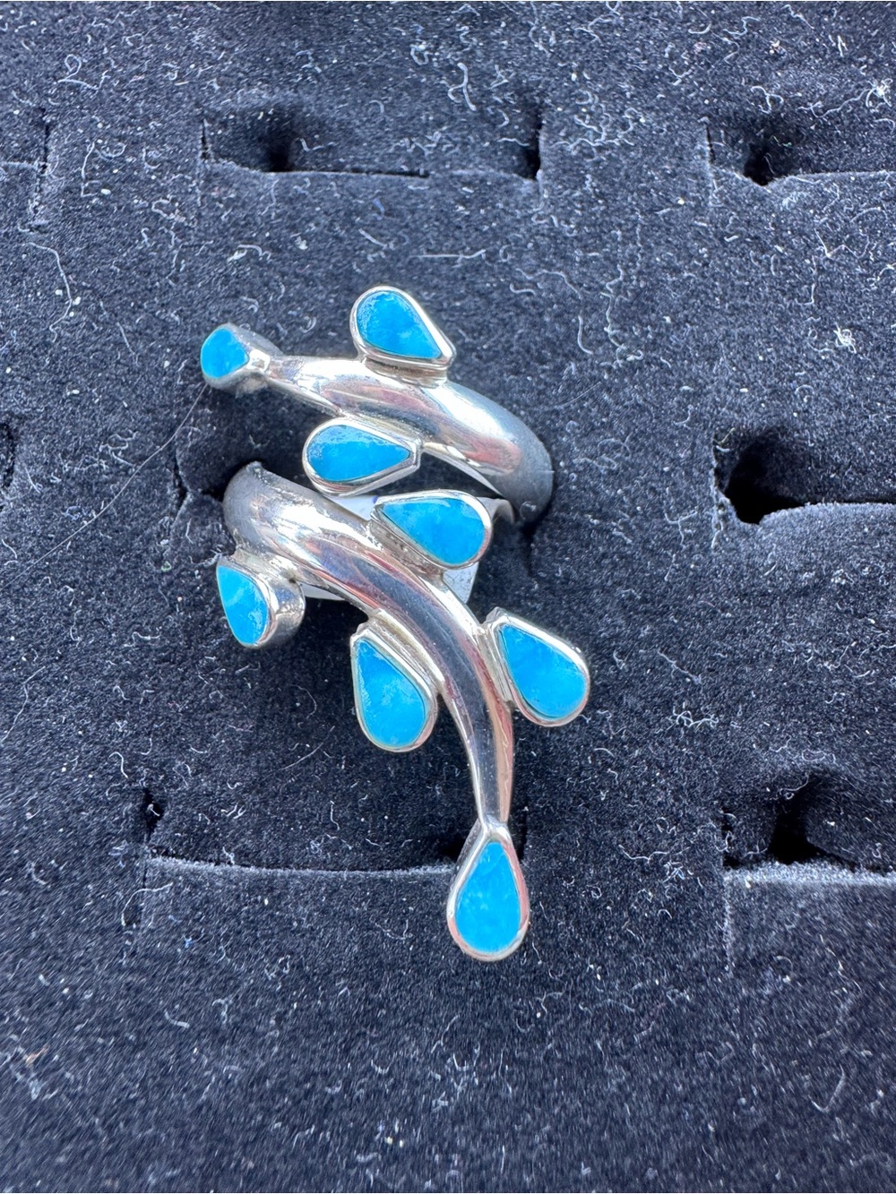 Taxco Sterling Silver Turquoise Teardrop Vine Ring
